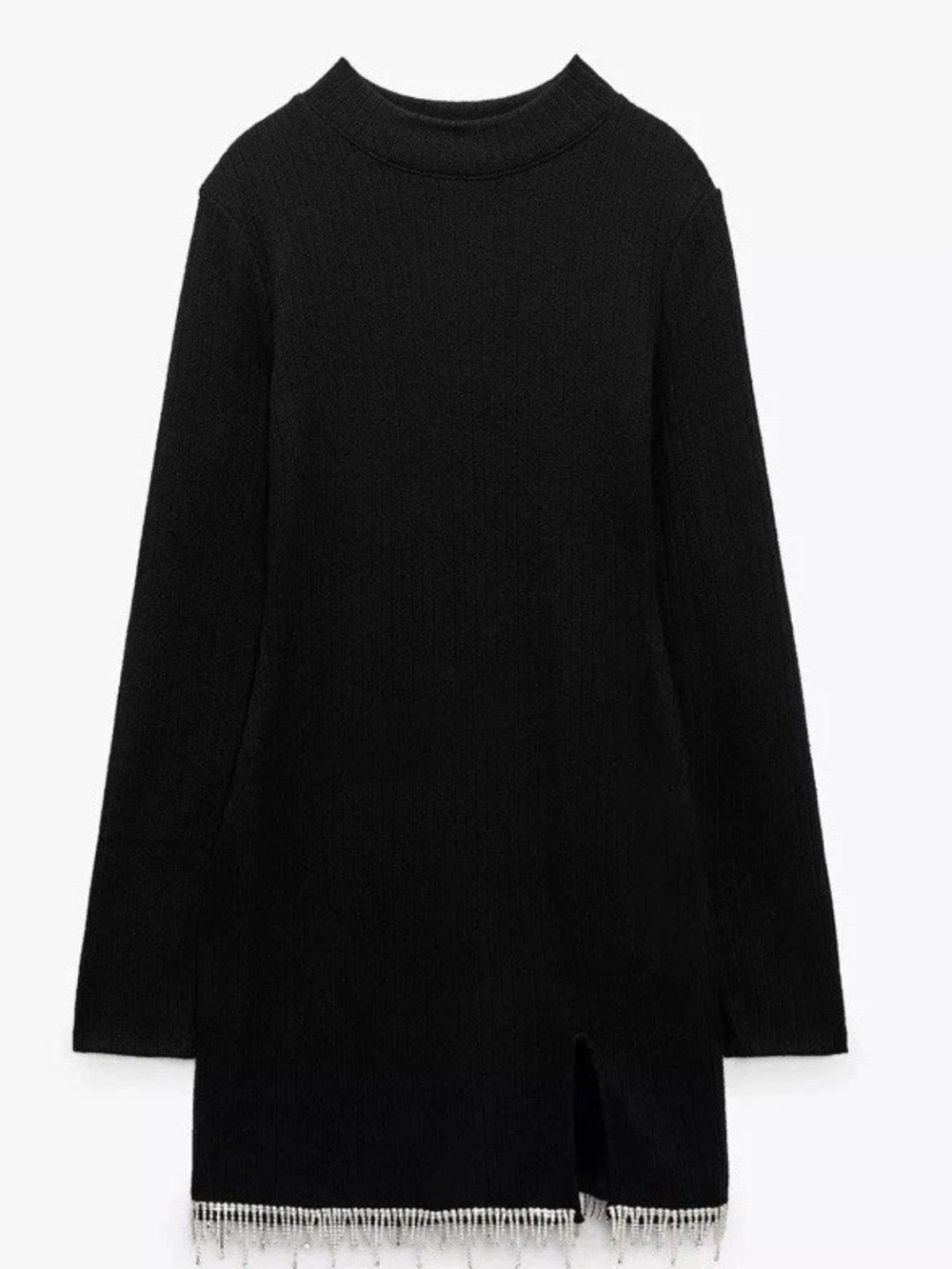 Zara Black Long Sleeve Knit Dress with Fringe Trim